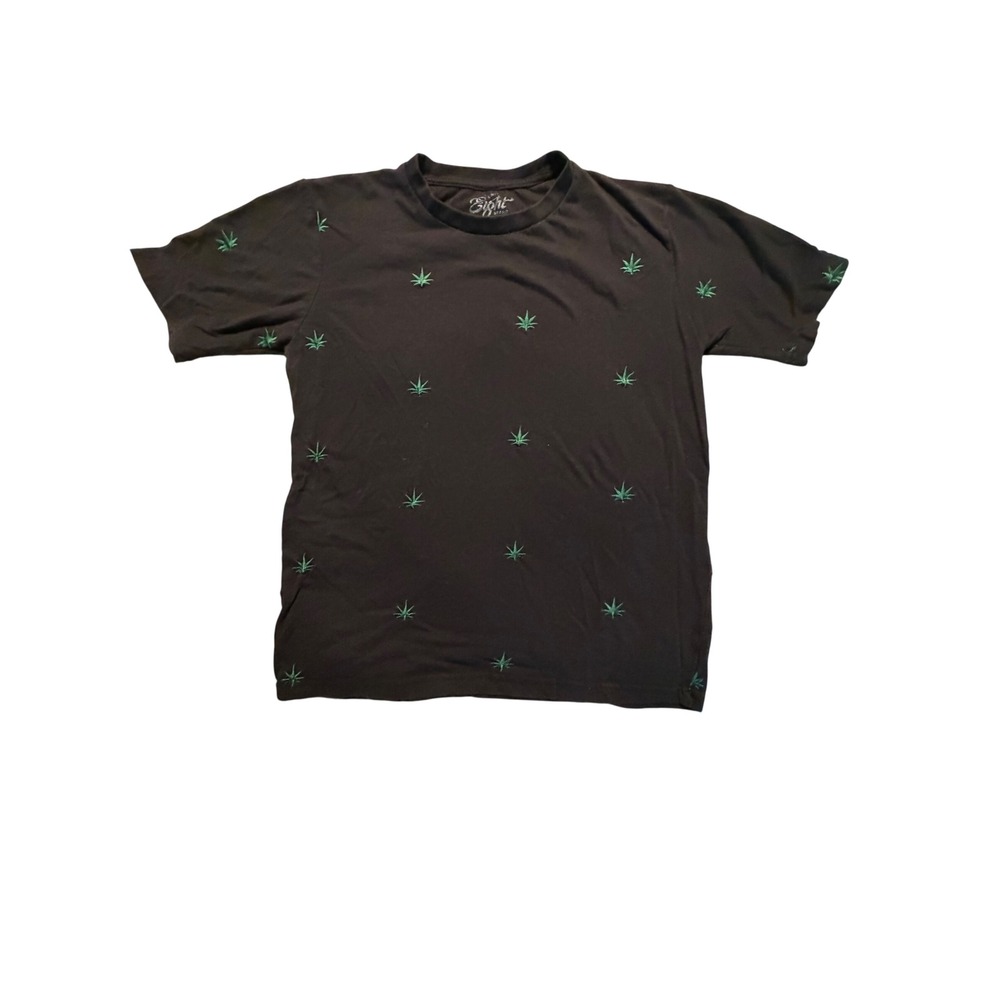 Eight732 Mens Black T-Shirt Green Weed Leaf Embroidered All‎ Over Print Tee L
